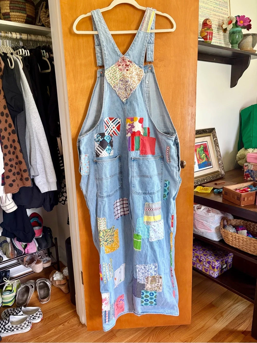 Adorable Old Navy Light Blue Denim Colorful Patchwork Overalls - Picture 7 of 13
